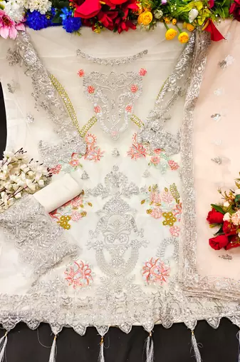 Cream White Net Embroidered Salwar Kameez