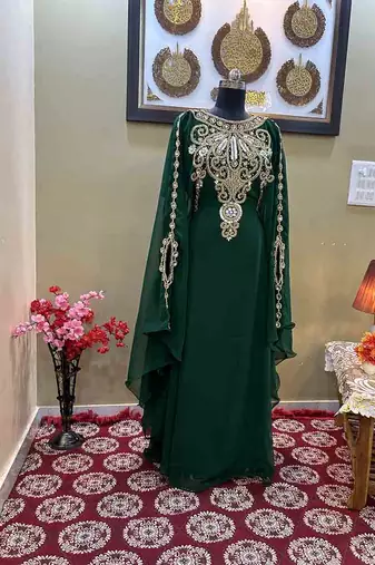 Grand Emerald Green Kaftan Gown with Heavy Gold Zari Work | Luxury Nikkah & Wedding Dress