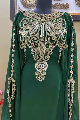Grand Emerald Green Kaftan Gown with Heavy Gold Zari Work | Luxury Nikkah & Wedding Dress