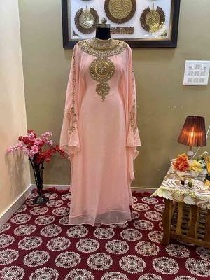 Peach Georgette Zari Work Moroccan Kaftan for Women 1