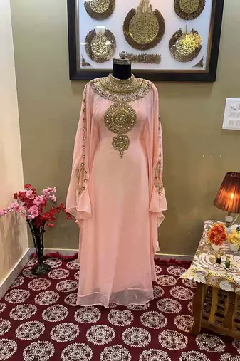 Peach Georgette Zari Work Moroccan Kaftan for Women