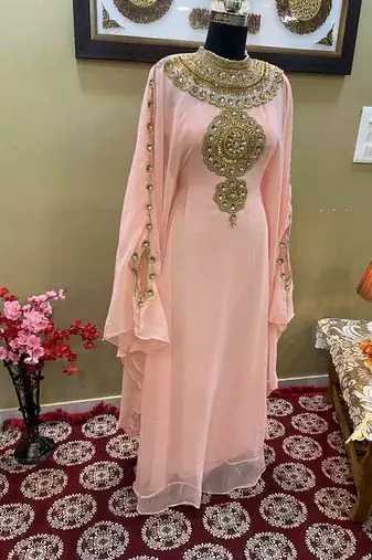 Peach Georgette Zari Work Moroccan Kaftan for Women