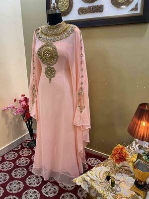 Peach Georgette Zari Work Moroccan Kaftan for Women 4