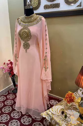 Peach Georgette Zari Work Moroccan Kaftan for Women
