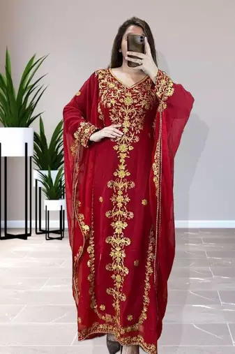 Red Georgette Zari Work Kaftan