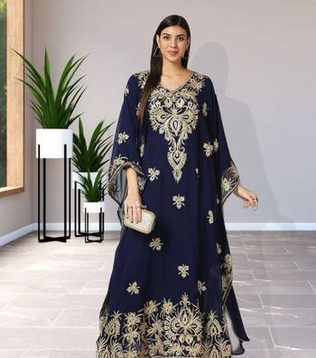 Regal Navy Blue Farasha Kaftan with Heavy Gold Zari Work | Event Dress 1