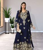 Regal Navy Blue Farasha Kaftan with Heavy Gold Zari Work | Event Dress