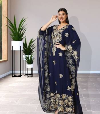 Regal Navy Blue Farasha Kaftan with Heavy Gold Zari Work | Event Dress 2