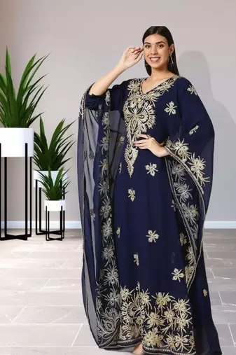 Regal Navy Blue Farasha Kaftan with Heavy Gold Zari Work | Event Dress