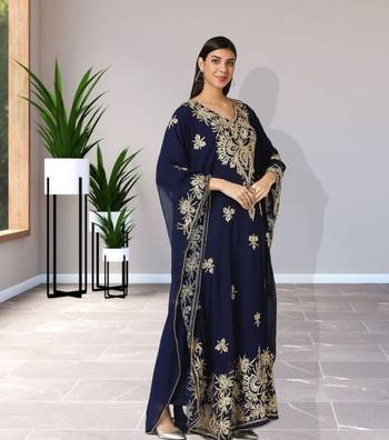 Regal Navy Blue Farasha Kaftan with Heavy Gold Zari Work | Event Dress 3