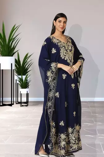 Regal Navy Blue Farasha Kaftan with Heavy Gold Zari Work | Event Dress