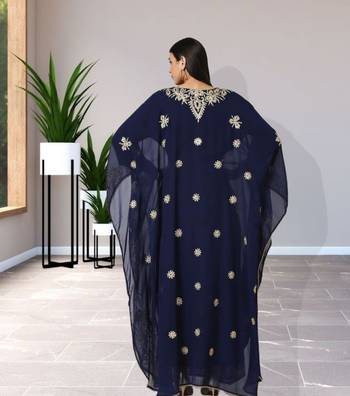 Regal Navy Blue Farasha Kaftan with Heavy Gold Zari Work | Event Dress 4