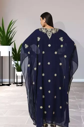 Regal Navy Blue Farasha Kaftan with Heavy Gold Zari Work | Event Dress