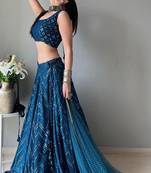 Blue Thread Embroidery Georgette Designer Lehenga Choli With Dupatta