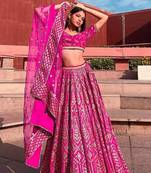 Glamorous Rani Pink Chapat Zari and Dori Embroidered Malai Satin Silk Semi Stitched Lehenga Choli
