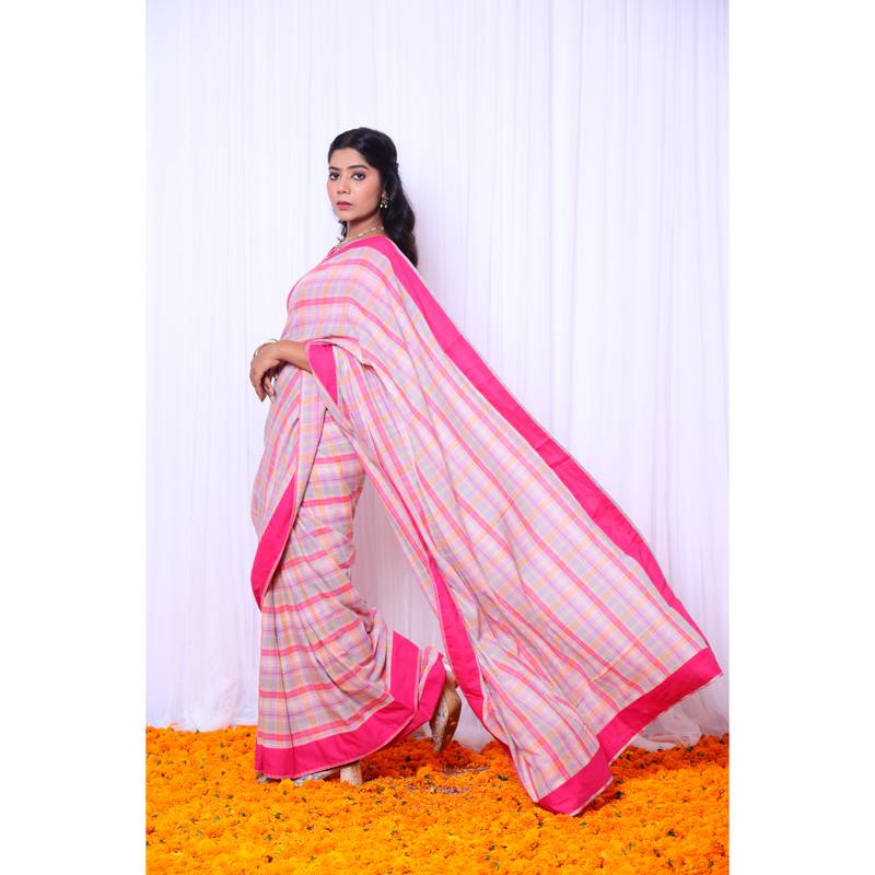 Multi checks mul cotton saree with embroidered blouse
