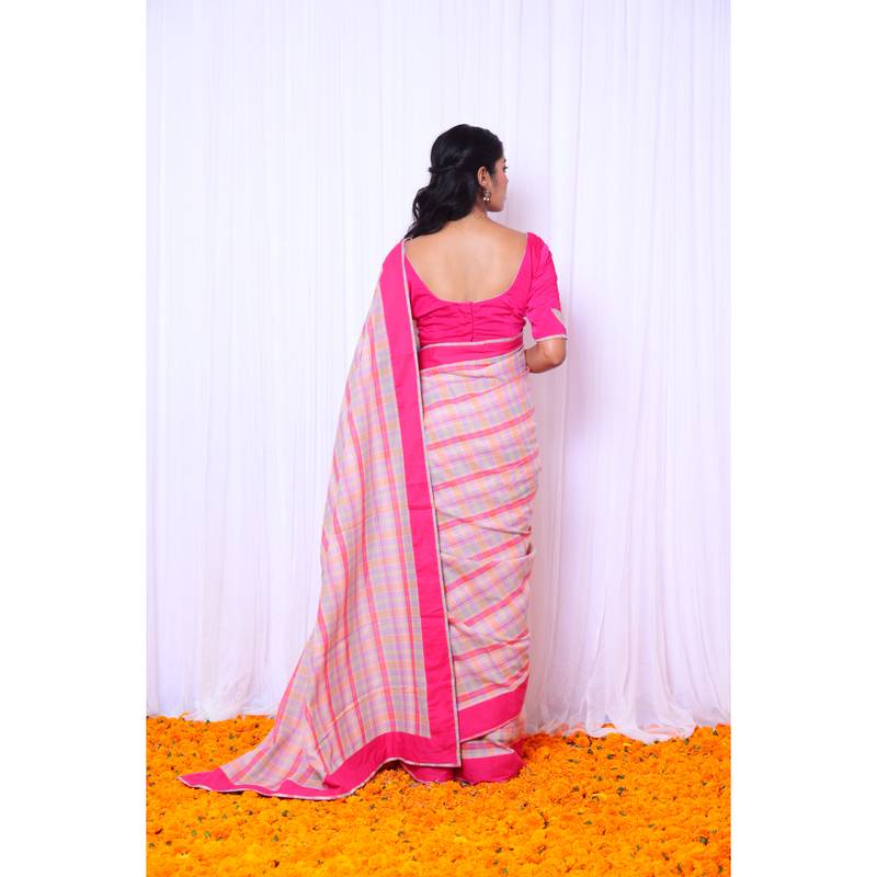 Multi checks mul cotton saree with embroidered blouse
