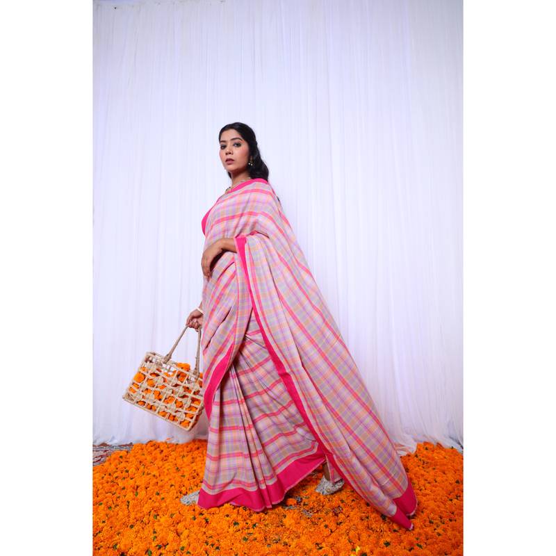 Multi checks mul cotton saree with embroidered blouse