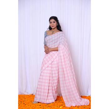 Pink checks mul cotton saree with denim blouse 1