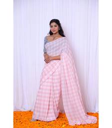 Pink checks mul cotton saree with denim blouse