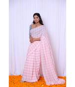 Pink checks mul cotton saree with denim blouse