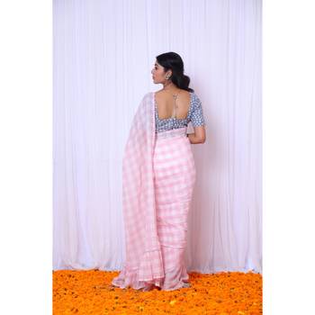 Pink checks mul cotton saree with denim blouse 3