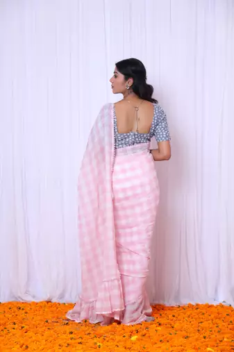 Pink checks mul cotton saree with denim blouse