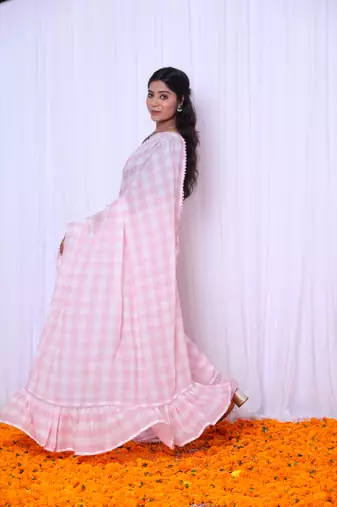 Pink checks mul cotton saree with denim blouse