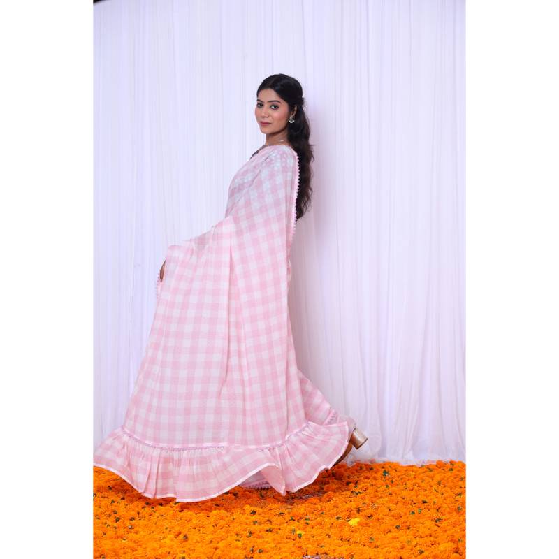 Pink checks mul cotton saree with denim blouse