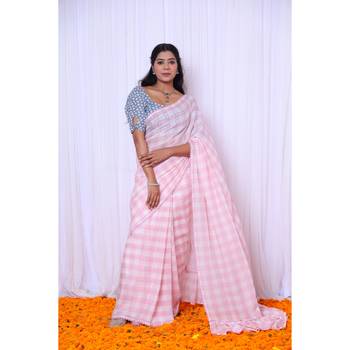 Pink checks mul cotton saree with denim blouse 6