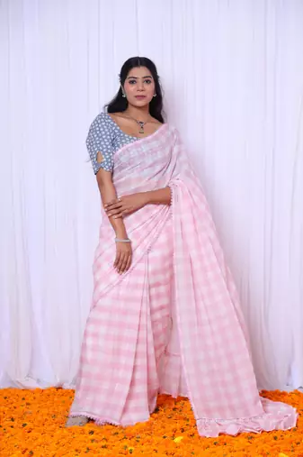 Pink checks mul cotton saree with denim blouse