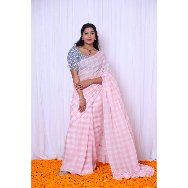 Pink checks mul cotton saree with denim blouse