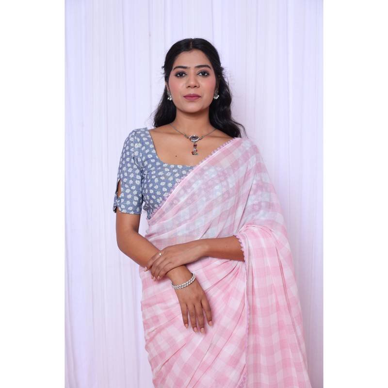 Pink checks mul cotton saree with denim blouse