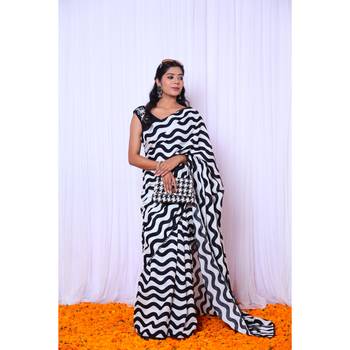 Black and white printed saree with hand embroidered blouse 5