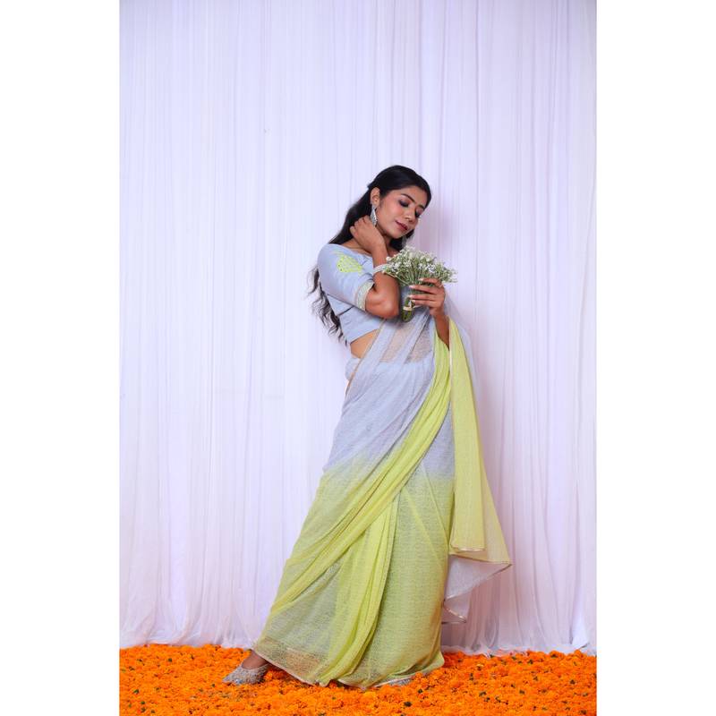 Ombre cotton gauze designer saree with hand embroidered blouse