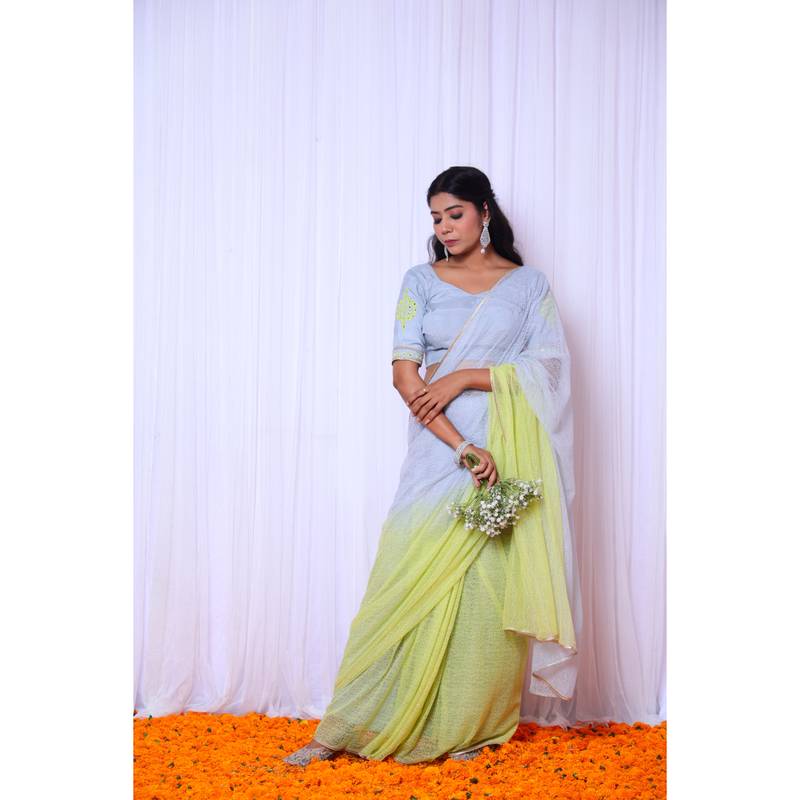 Ombre cotton gauze designer saree with hand embroidered blouse