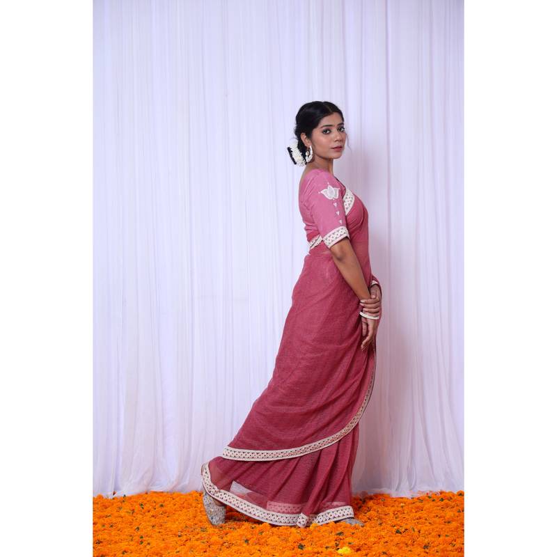 Rose cotton gauze designer saree with hand embroidered blouse
