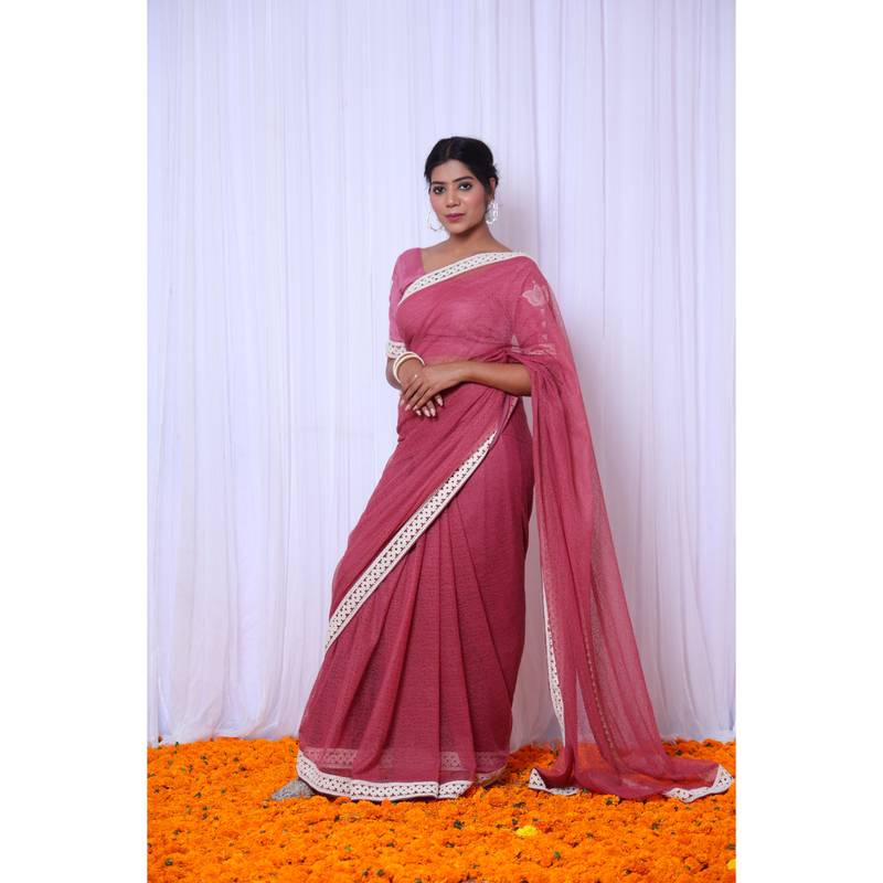 Rose cotton gauze designer saree with hand embroidered blouse