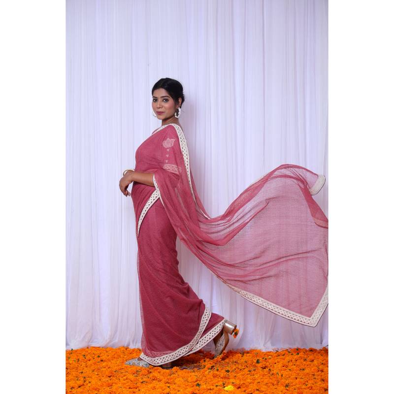Rose cotton gauze designer saree with hand embroidered blouse