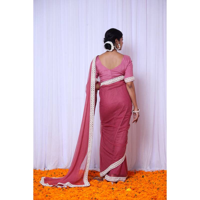 Rose cotton gauze designer saree with hand embroidered blouse