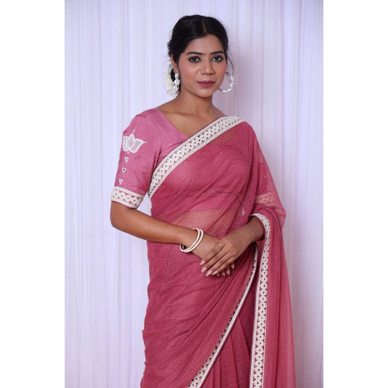 Rose cotton gauze designer saree with hand embroidered blouse