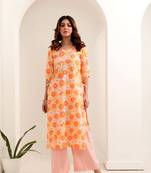 Orange floral printed cotton kurta pant set
