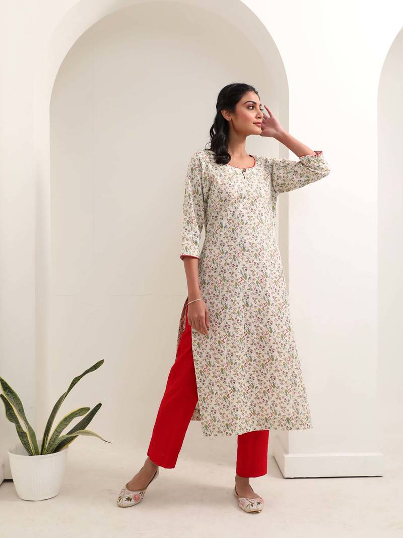 White floral printed kurta pant set