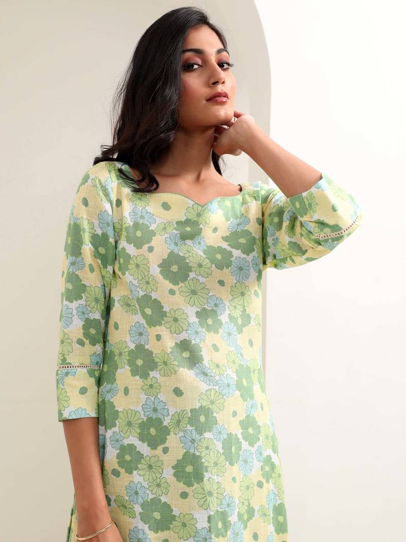 Green floral printed cotton kurta pant set