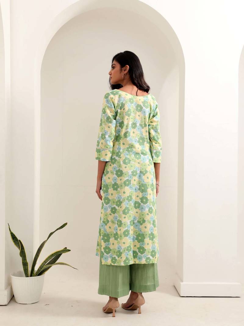Green floral printed cotton kurta pant set