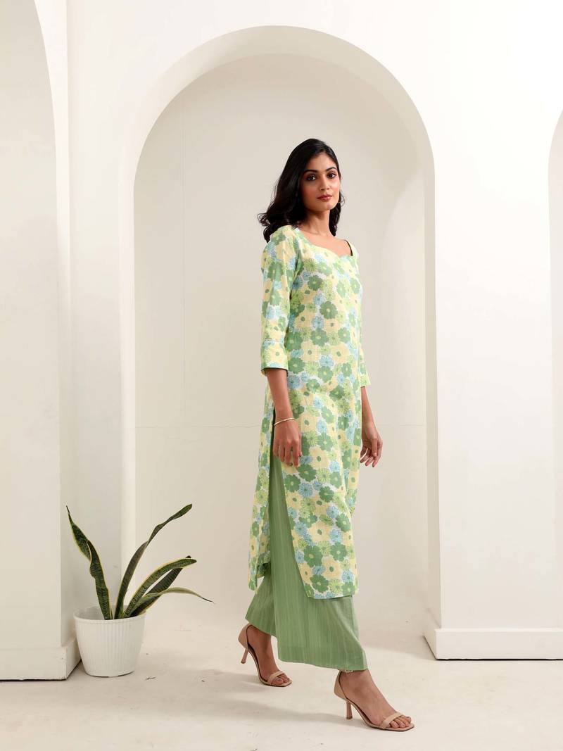Green floral printed cotton kurta pant set