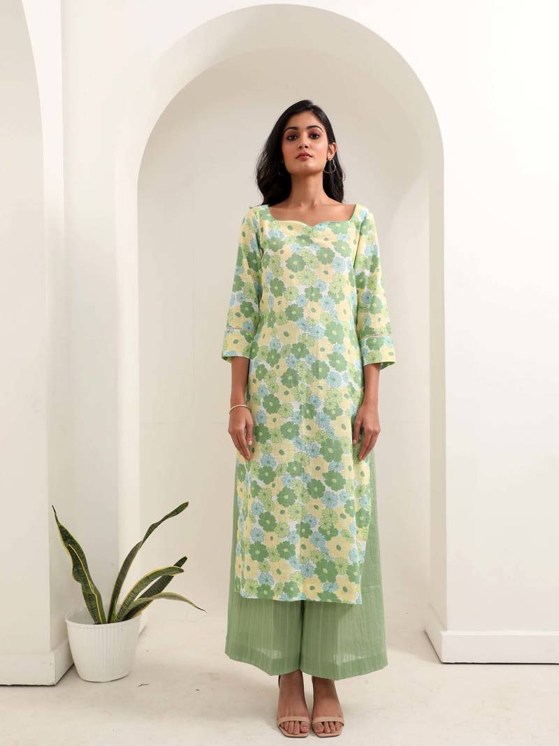 Green floral printed cotton kurta pant set
