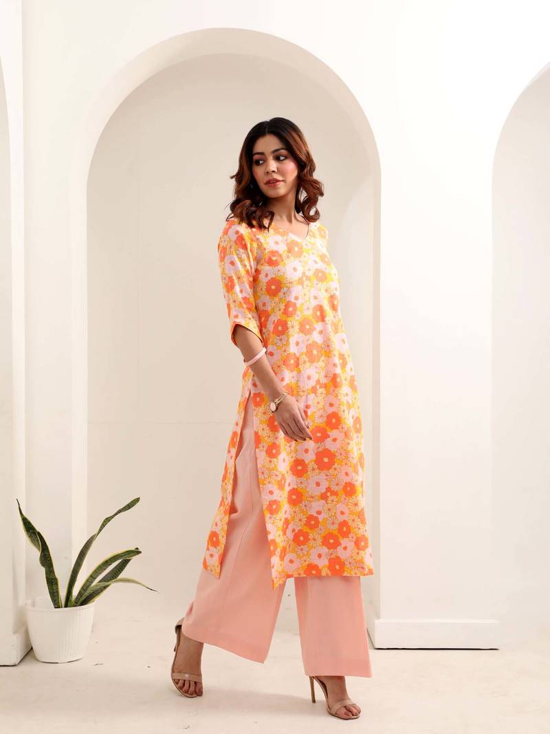 Orange floral printed cotton kurta pant set