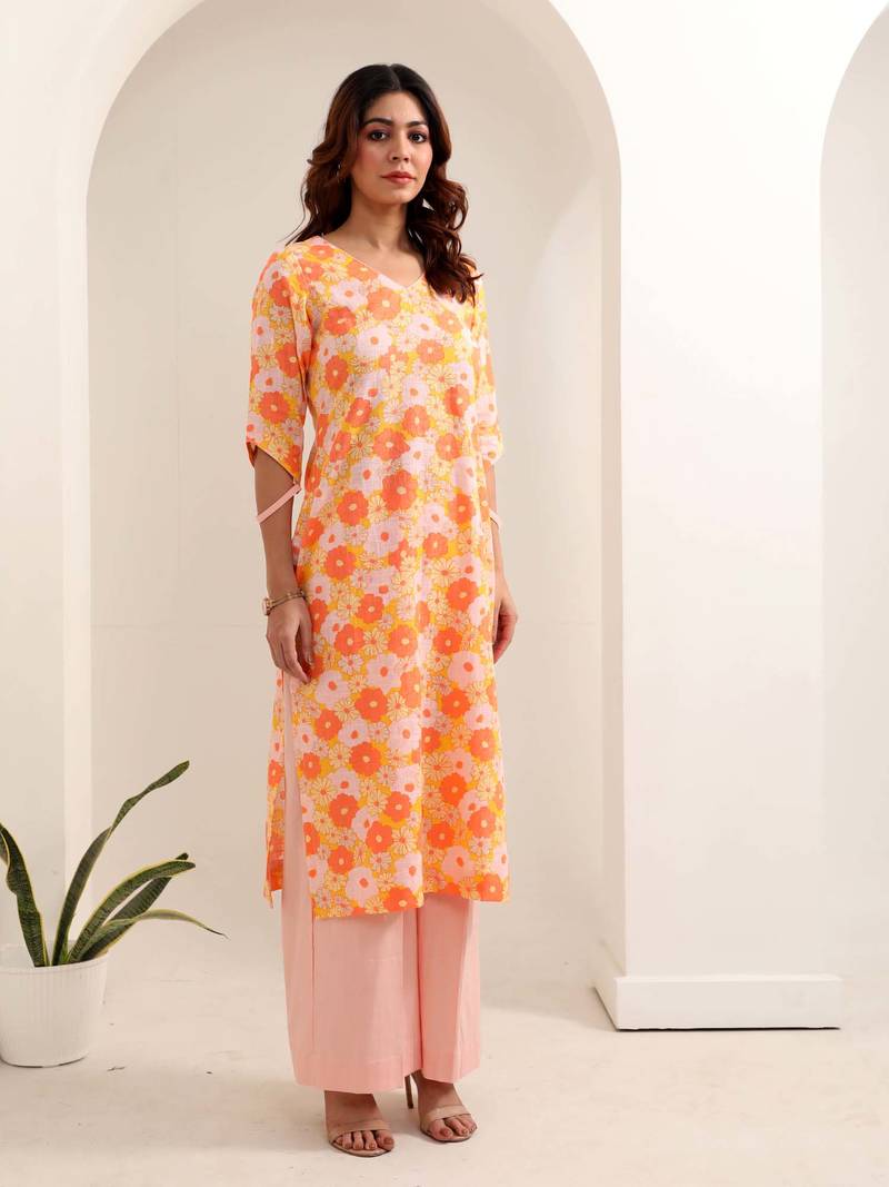 Orange floral printed cotton kurta pant set