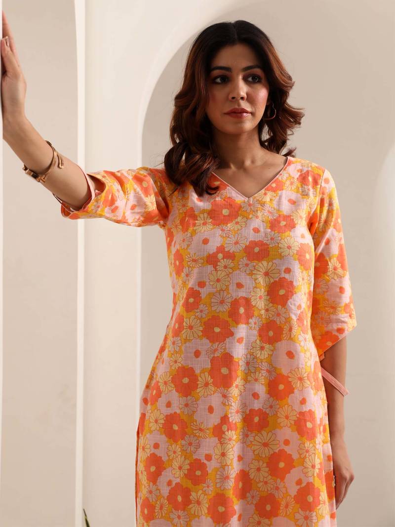 Orange floral printed cotton kurta pant set
